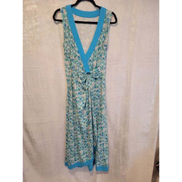 Land's End Turquoise Blue Floral Knit Surplice Midi Med‎ Dress Sleeveless Beach - Picture 1 of 5